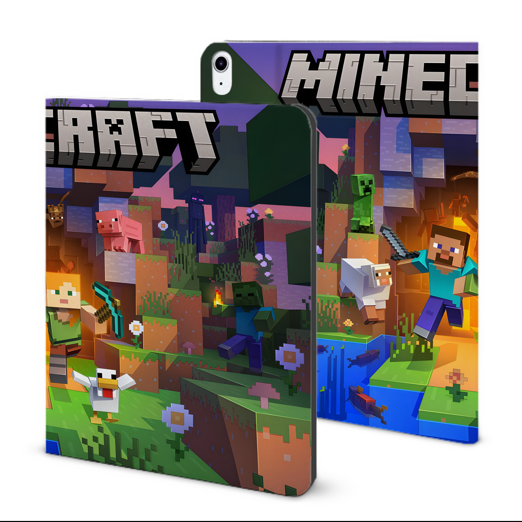 （画像用） マインクラフト ブロックの世界 Minecraft MC Block world IPad ケース ブック型 PUレザー TPU 耐衝撃 軽量 薄型 ペン収納なし 全面保護 IPad 各モデル対応